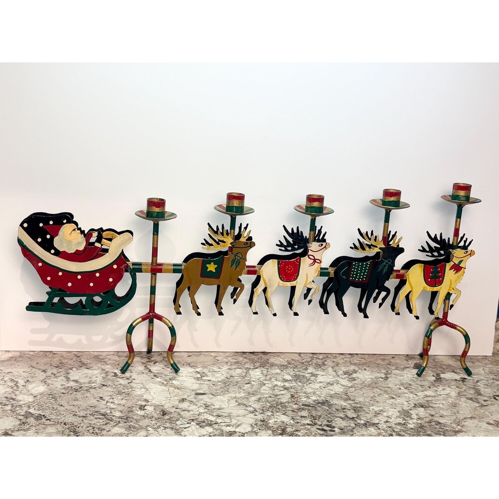 Vintage Metal Folk Art Candle Holder/Candelabra Santa’s Sleigh And Reindeer